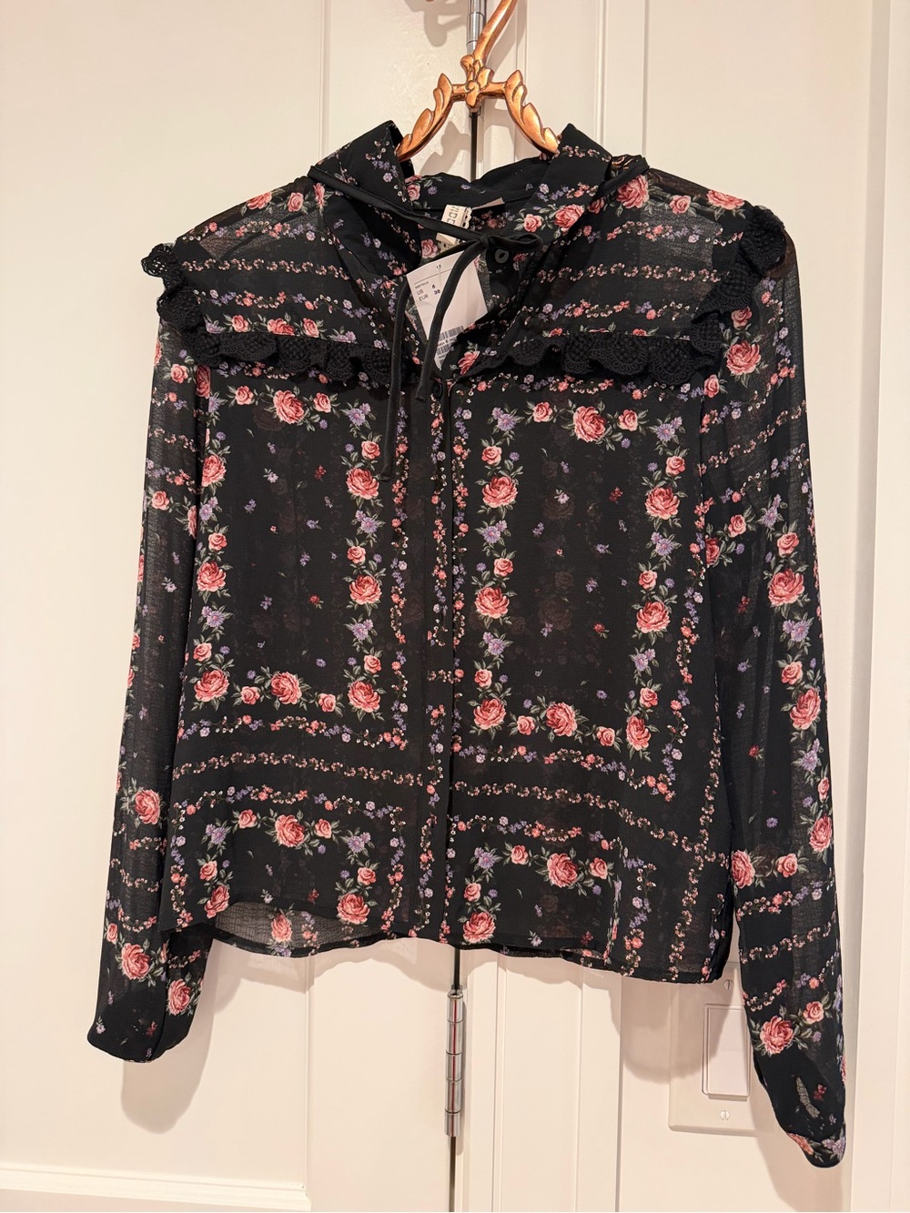 H&M Black Sheer Floral Tie-Neck Blouse size 6